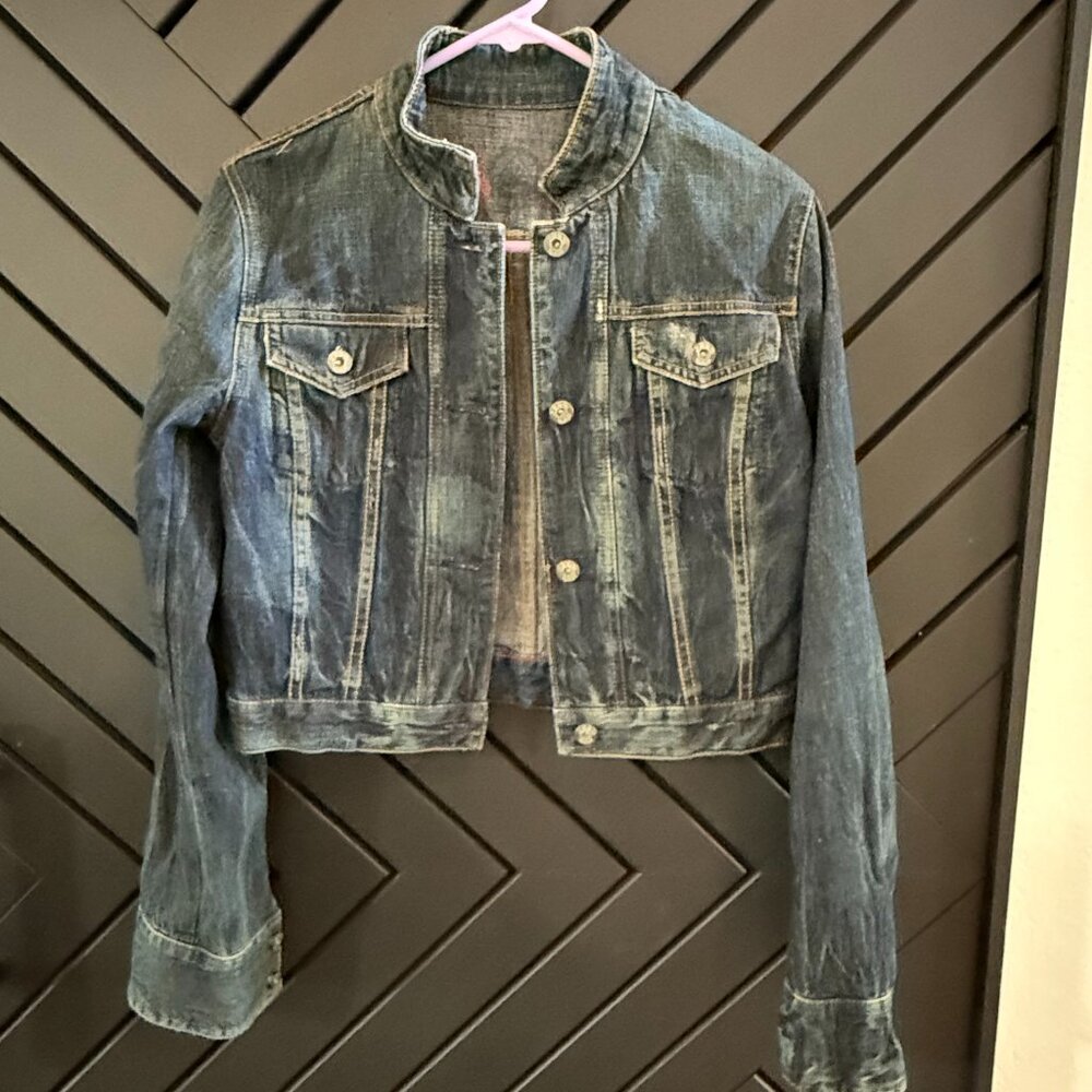 Dark denim distressed wash bolero jean jacket.